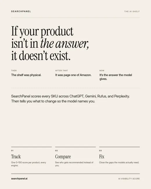 Legacy SearchPanel AI shelf poster in beige editorial style